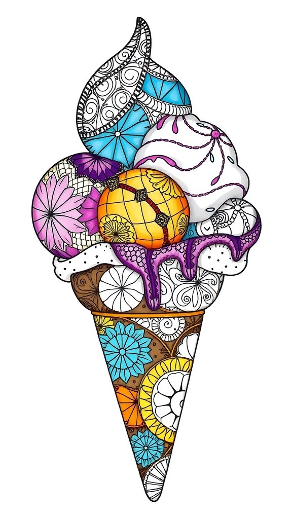 An intricate zentangle ice cream cone filled with detailed patterns and vibrant colors.